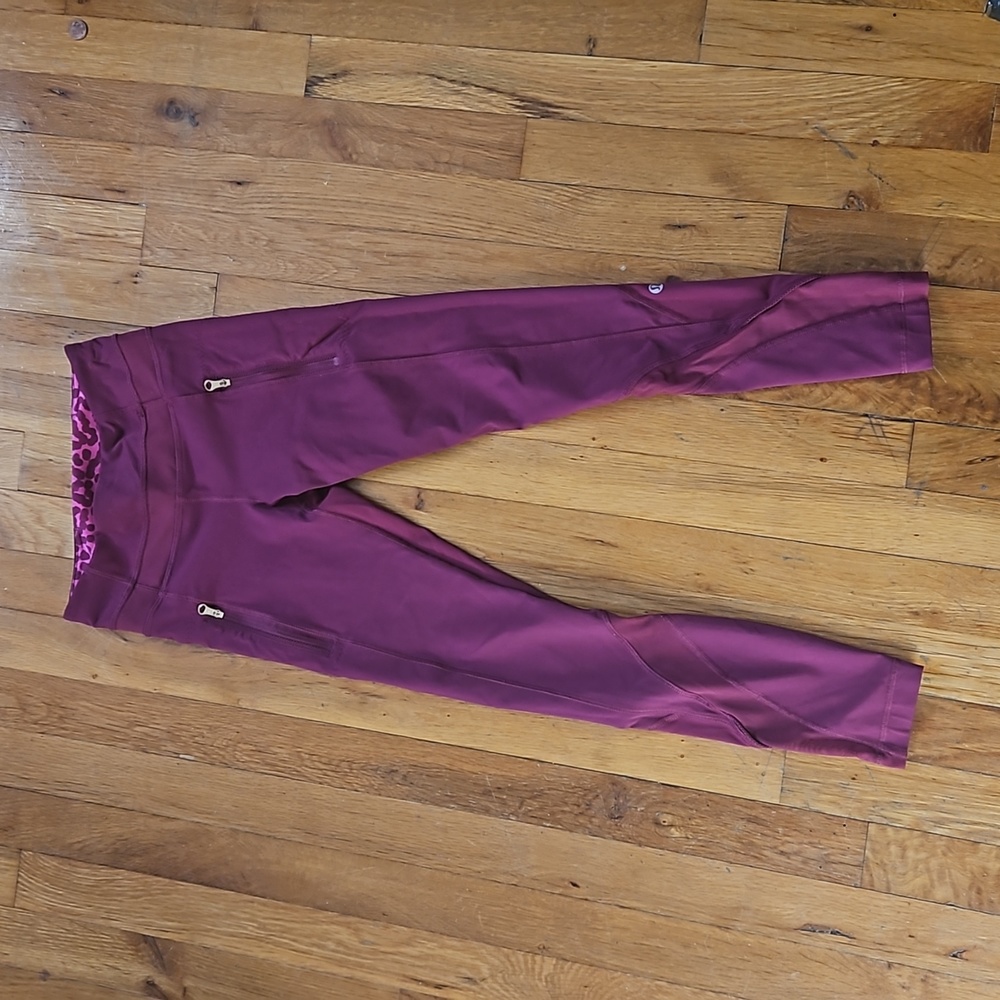 Lululemon purple maroon mesh detail leggings with zipper pockets